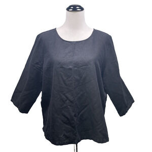Hot Cotton Tunic Womens XL Black Linen Blend Boxy Scoop Neck 3/4 Slv Lagenlook